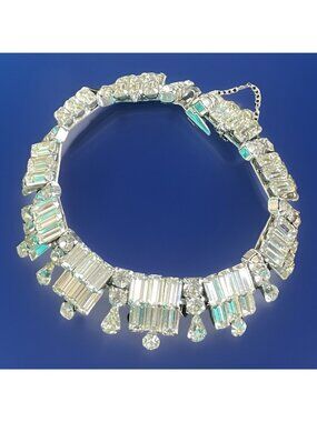 Vtg Signed KRAMER New York Silver-tone Rhinestone Baguette Bracelet Unique HTF